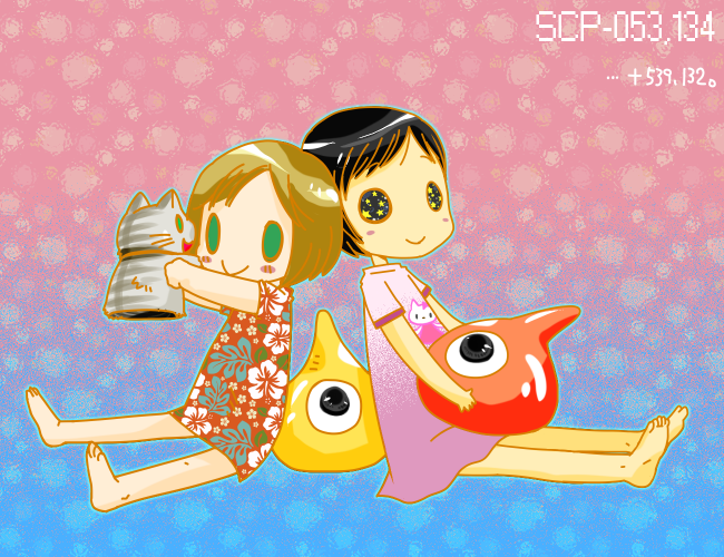 2girls, :>, barefoot, black_hair, brown_hair, character_name, character_request, dress
