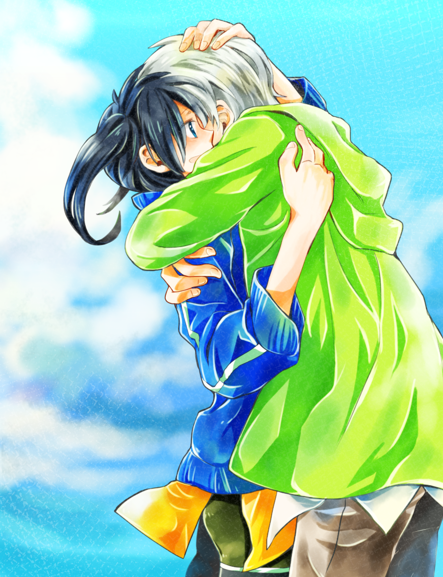 1boy, 1girl, black_hair, blue_eyes, enomoto_takane, hoodie, hug, kagerou_project