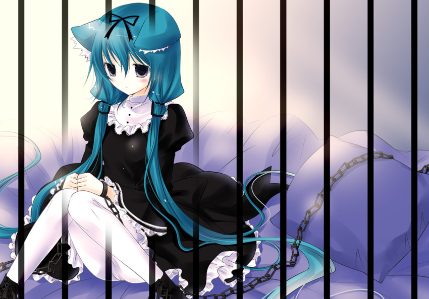 animal_ears, bad_id, blue_eyes, blue_hair, blush, bow, chain, chains