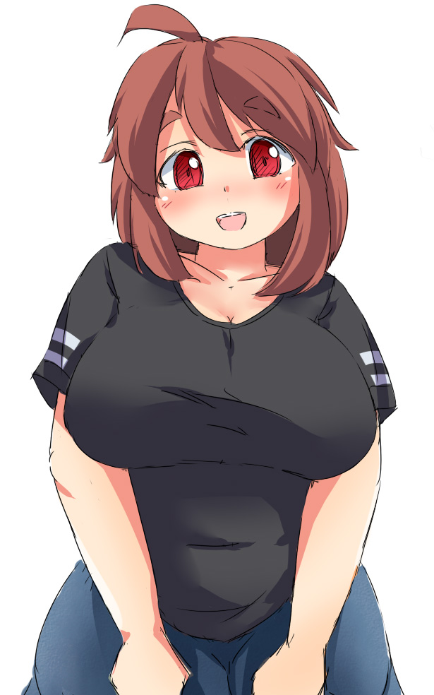 1girl, :d, ahoge, black_shirt, blush, breasts, brown_hair, cleavage, collarbone, eno_konoe, eyebrows, head_tilt, huge_breasts, looking_at_viewer, mikomu, open_mouth, original, plump, red_eyes, short_hair, short_sleeves, simple_background, smile, solo, t-shirt, thick_eyebrows, v_arms, white_background