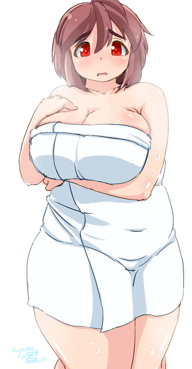 1girl, ahoge, breast_lift, breast_suppress, breasts, brown_hair, cleavage, collarbone