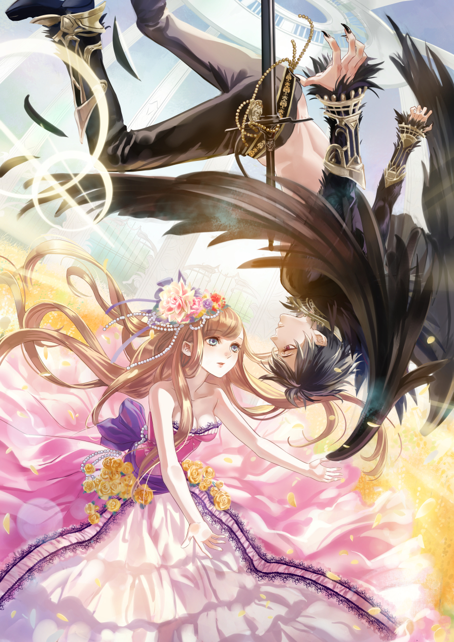 1boy, 1girl, black_hair, blue_eyes, breasts, brown_hair, cleavage, dress