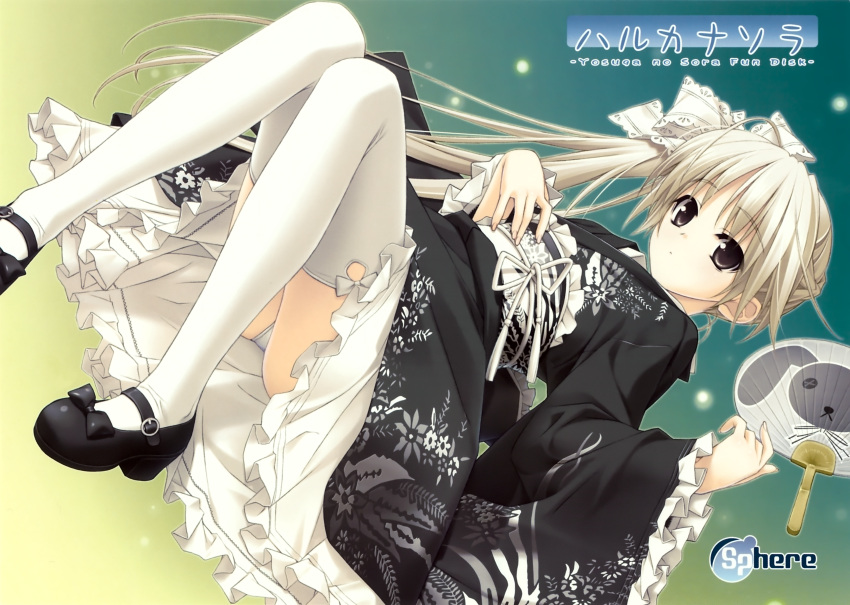brown_eyes, fan, hair_ribbon, haruka_na_sora, hashimoto_takashi, highres, japanese_clothes, kasugano_sora
