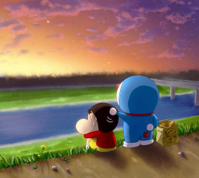 cloud, clouds, crayon_shin-chan, crossover, doraemon, doraemon_(character), flower, galibo
