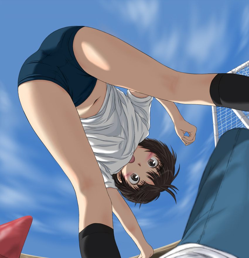 amagami, bent_over, blush, brown_eyes, brown_hair, buruma, clouds, cloudy_sky, cone, from_behind, goal, gym_uniform, highres, keisuke_(0320030103200301), midriff, navel, open_mouth, pov, pov_ass, short_hair, sky, t-shirt, tachibana_miya, upside-down