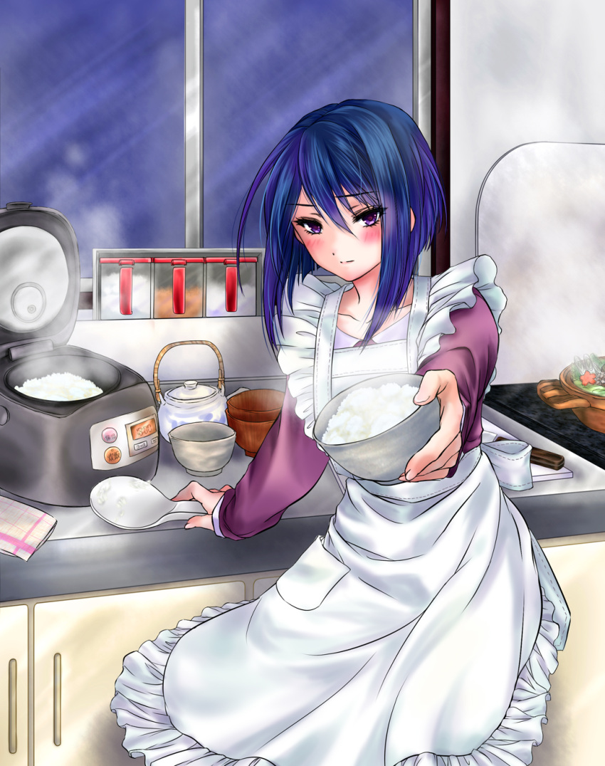 1girl, apron, blue_hair, blush, commentary_request, everythinghoney, girlfriend_(kari), hibara_eiko