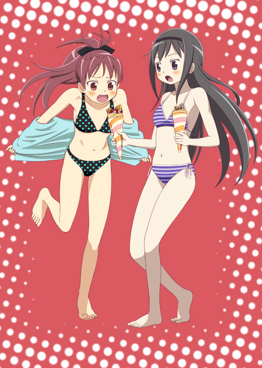 2girls, akemi_homura, bikini, black_hair, blush, bow, cap_(dkdm-d), crepe