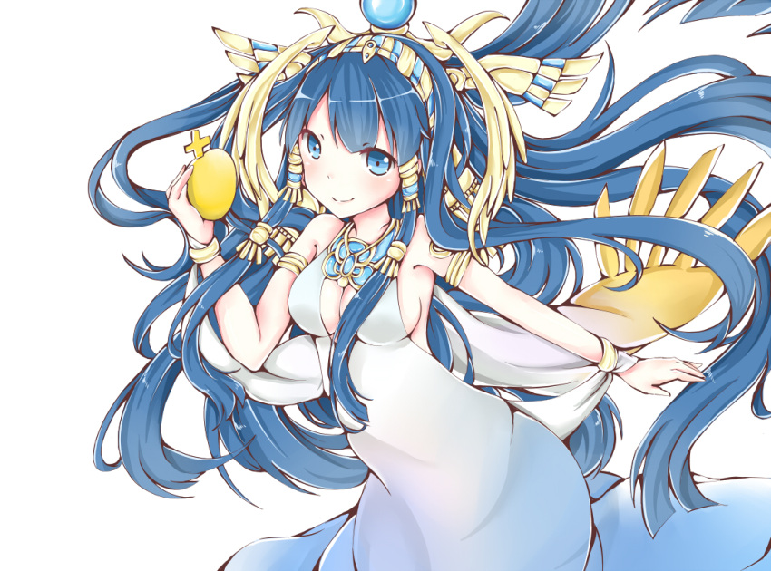 1girl, bare_shoulders, blue_eyes, blue_hair, breasts, cleavage, dress, egg