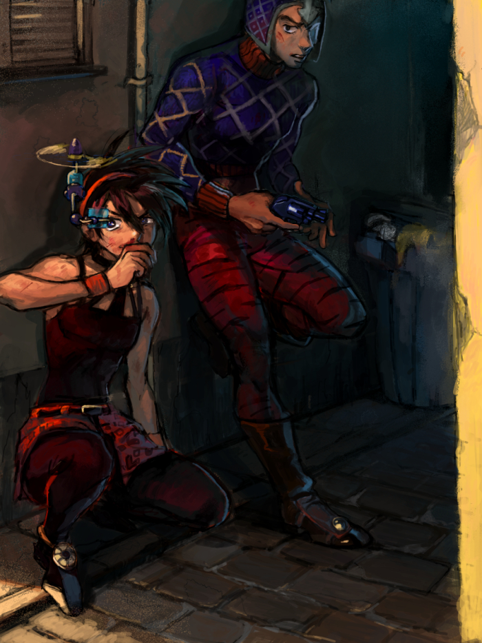 2boys, aerosmith_(stand), alley, black_hair, guido_mista, gumiuchi, gun, hat, jojo_no_kimyou_na_bouken, midriff, multiple_boys, narancia_ghirga, stand_(jojo), weapon