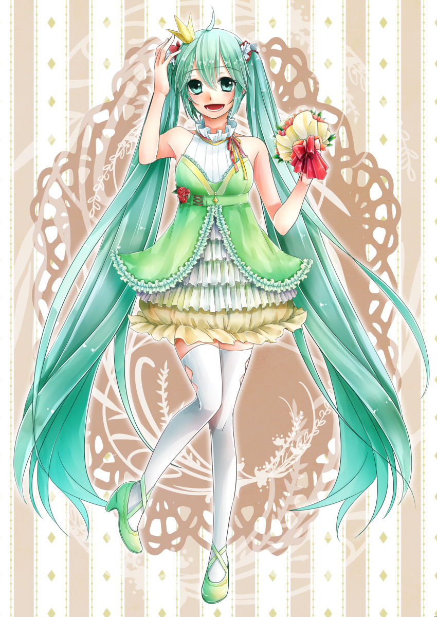 1girl, absurdres, ahoge, bouquet, dress, flower, frills, green_eyes, green_hair, hatsune_miku, high_heels, highres, long_hair, open_mouth, satsuki_kureharu, solo, striped, striped_background, thigh-highs, twintails, very_long_hair, vocaloid, white_legwear