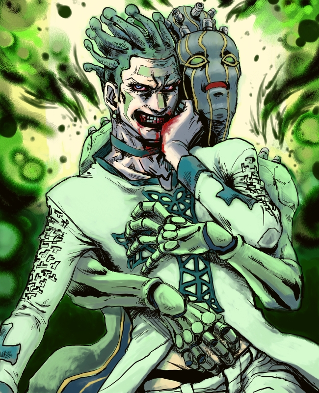 2boys, blood, blood_on_face, cioccolata, green_day_(stand), green_hair, jojo_no_kimyou_na_bouken, lipstick