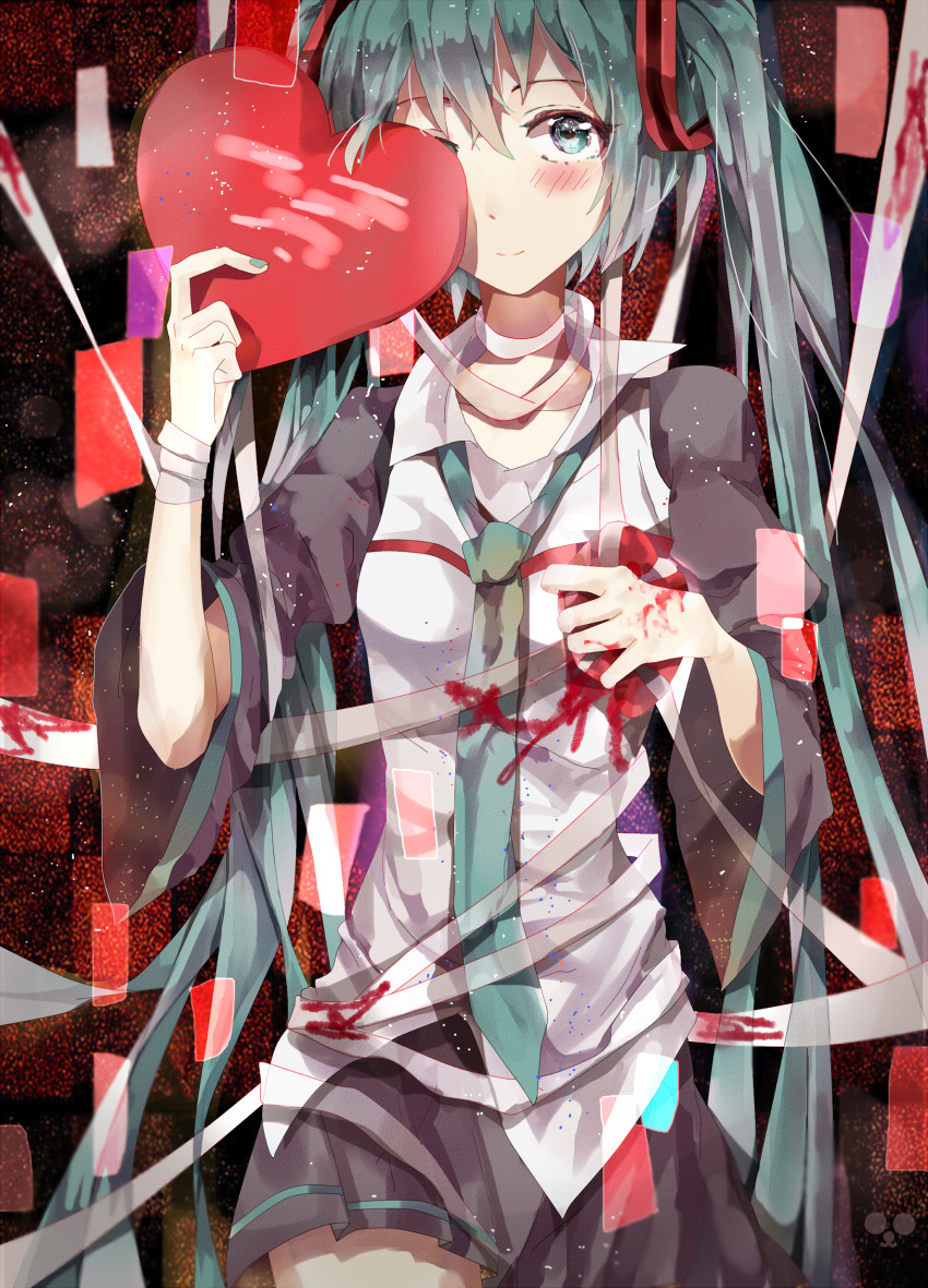 1girl, absurdres, bandages, blood, blush, green_eyes, green_hair, hatsune_miku