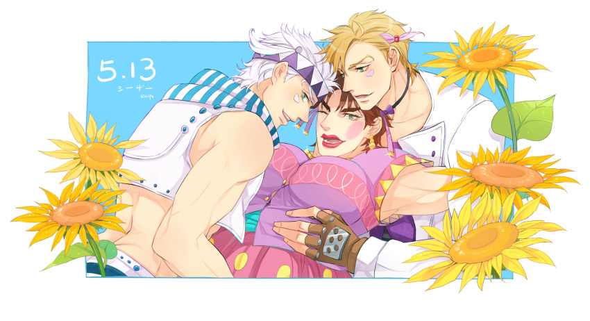 3boys, blonde_hair, caesar_anthonio_zeppeli, catsizuru, crossdressinging, dual_persona, fake_breasts, feathers