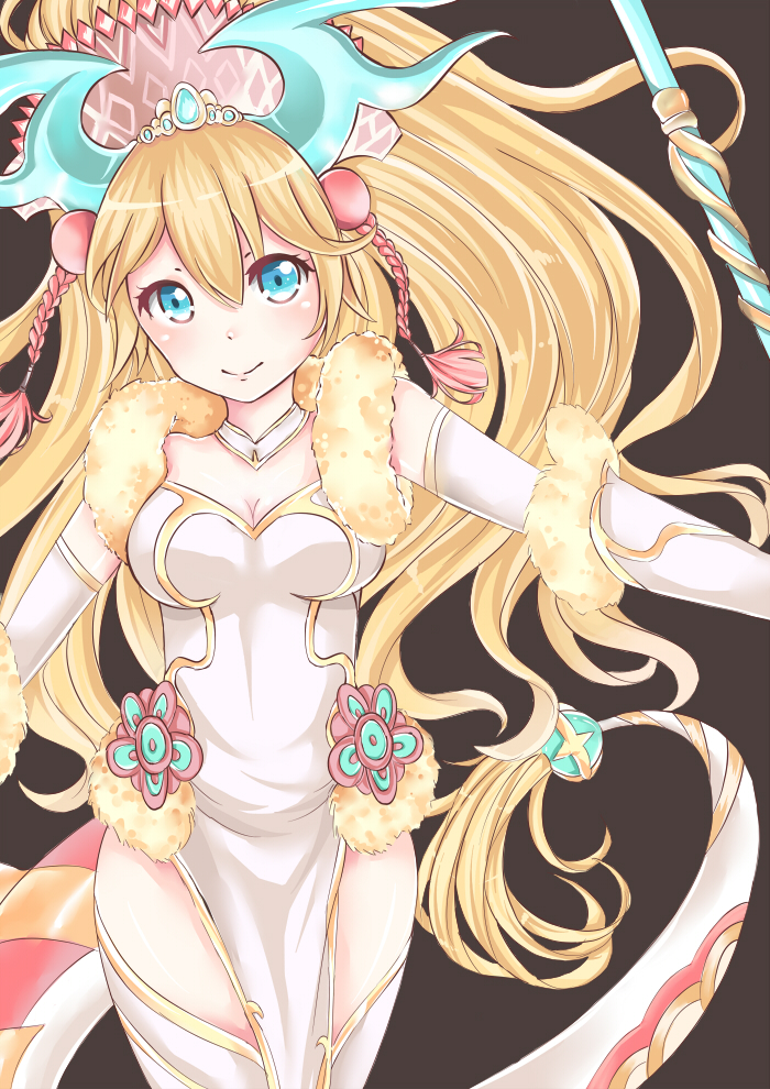 1girl, black_background, blonde_hair, blue_eyes, elbow_gloves, fur_trim, gloves, hair_ornament