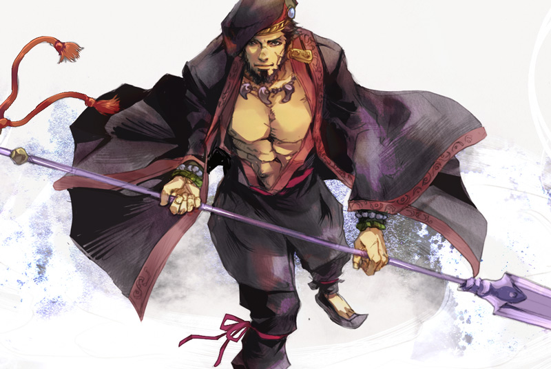 1boy, beard, beret, facial_hair, hat, japanese_clothes, jewelry, magatama