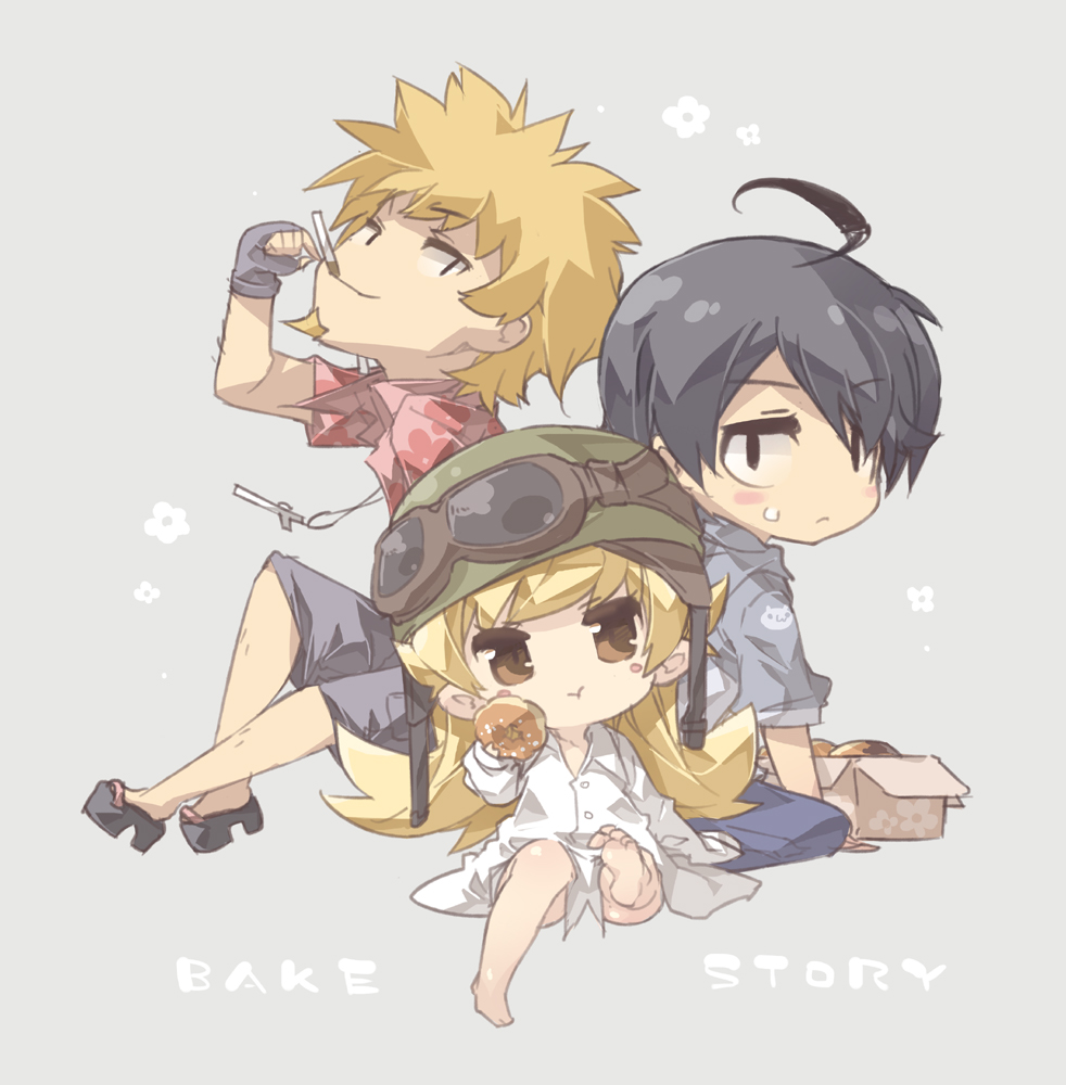 1girl, 2boys, araragi_koyomi, bakemonogatari, black_hair, blonde_hair, box, brown_eyes, casual, chibi, cigarette, doughnut, dress_shirt, facial_hair, goggles, goggles_on_head, hair_over_one_eye, helmet, kotamaru_(pajama_soft), monogatari_(series), multiple_boys, oshino_meme, oshino_shinobu, shirt, short_hair, spiky_hair