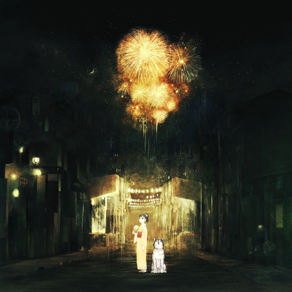 dog, fan, fireworks, japanese_clothes, kimono, kusanagi_koyori, original, scenery