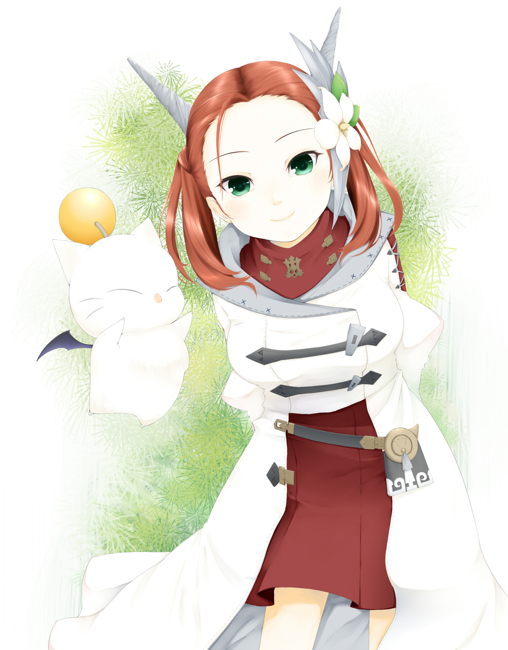 1girl, arms_behind_back, brown_hair, dress, final_fantasy, final_fantasy_xiv, flower, green_eyes