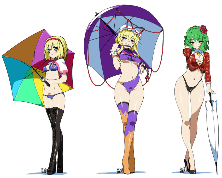 3girls, alice_margatroid, alternate_costume, asymmetrical_legwear, bare_legs, bikini_bottom, blonde_hair, blush