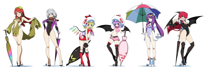6+girls, :d, alternate_costume, bare_hips, bare_legs, bat_wings, between_breasts, blonde_hair