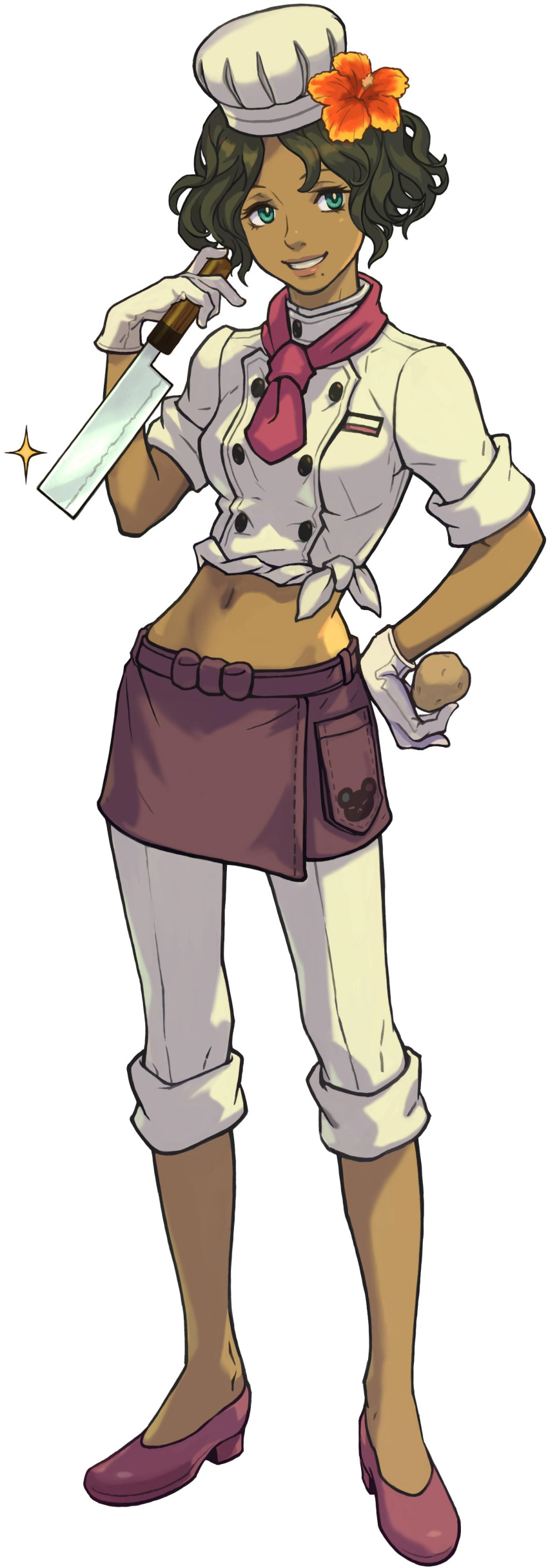 1girl, absurdres, brown_hair, chef_hat, chef_uniform, cleaver, flower, gloves, green_eyes, grin, hair_flower, hair_ornament, hat, highres, knife, midriff, mole, navel, official_art, olive_ardente, potato, professor_layton_vs._gyakuten_saiban, scarf, short_hair, smile, solo
