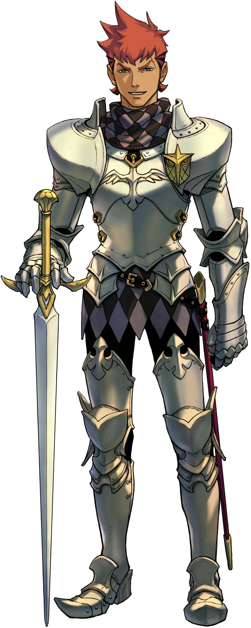 1boy, absurdres, armor, dark_skin, grey_eyes, grin, highres, jeeken_barnrod, knight, male, official_art, orange_hair, professor_layton_vs._gyakuten_saiban, smile, solo, spiky_hair, sword, weapon