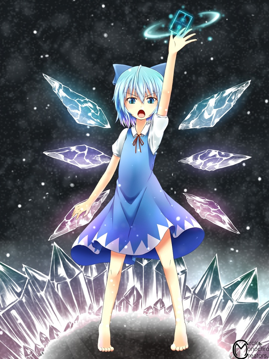 >:o, 1girl, :o, barefoot, blue_eyes, blue_hair, bow, cirno