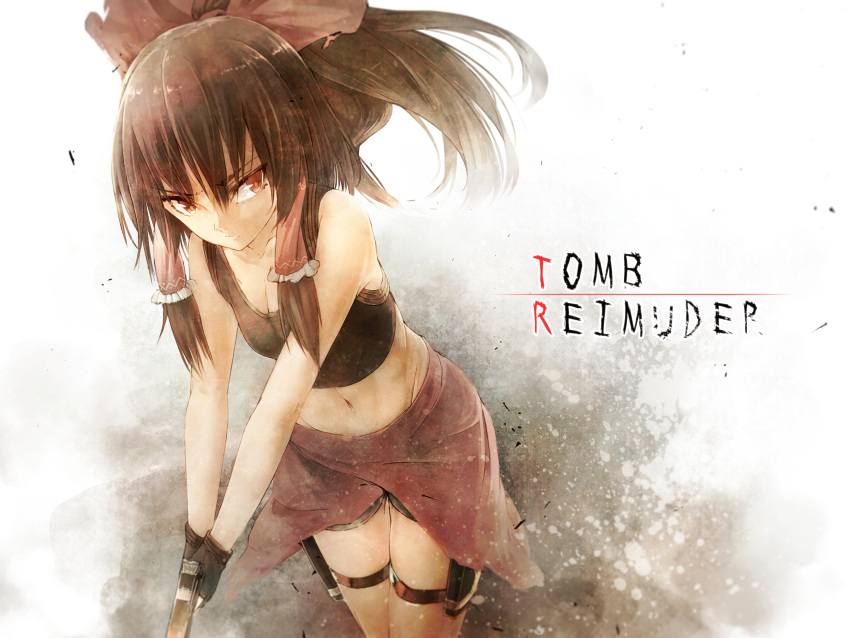 1girl, absurdres, alternate_costume, bow, brown_hair, fingerless_gloves, gloves, gun