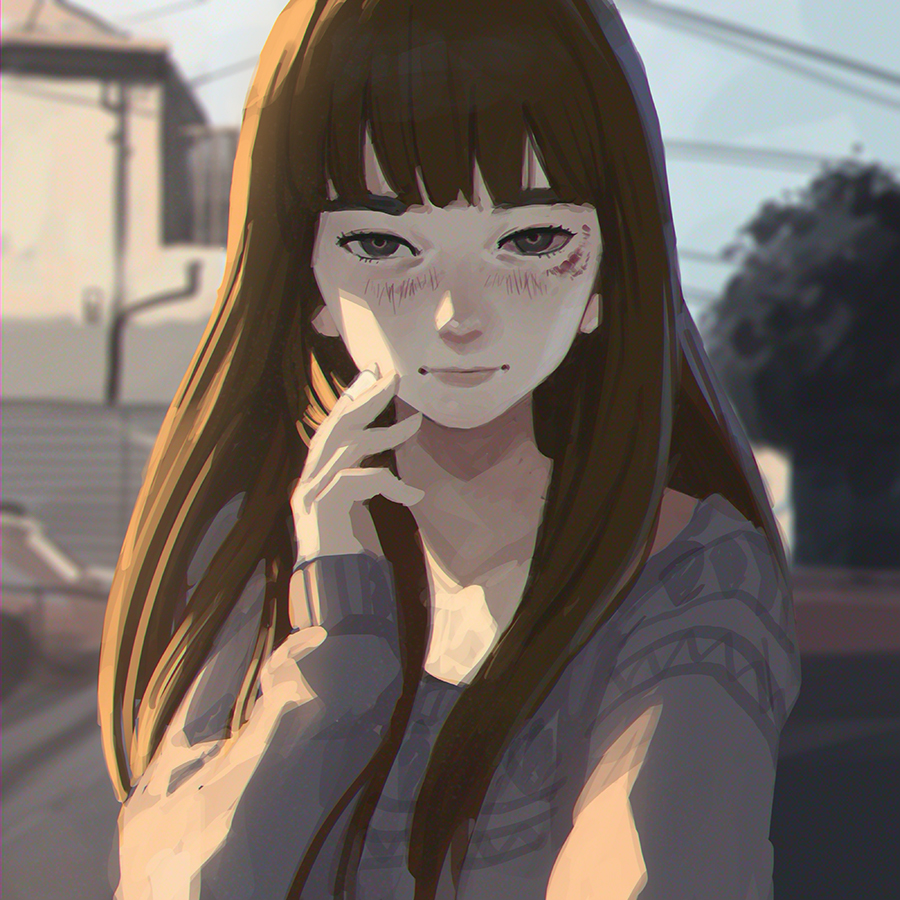 1girl, brown_eyes, brown_hair, bruise, eyebrows, hime_cut, ilya_kuvshinov, injury