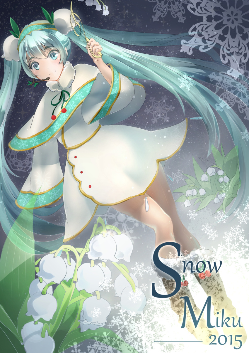 1girl, 2015, absurdres, aqua_eyes, aqua_hair, boots, character_name, hatsune_miku, headset, highres, knee_boots, long_hair, namari_(angelaqxi), smile, snowflakes, snowing, solo, twintails, very_long_hair, vocaloid, yuki_miku