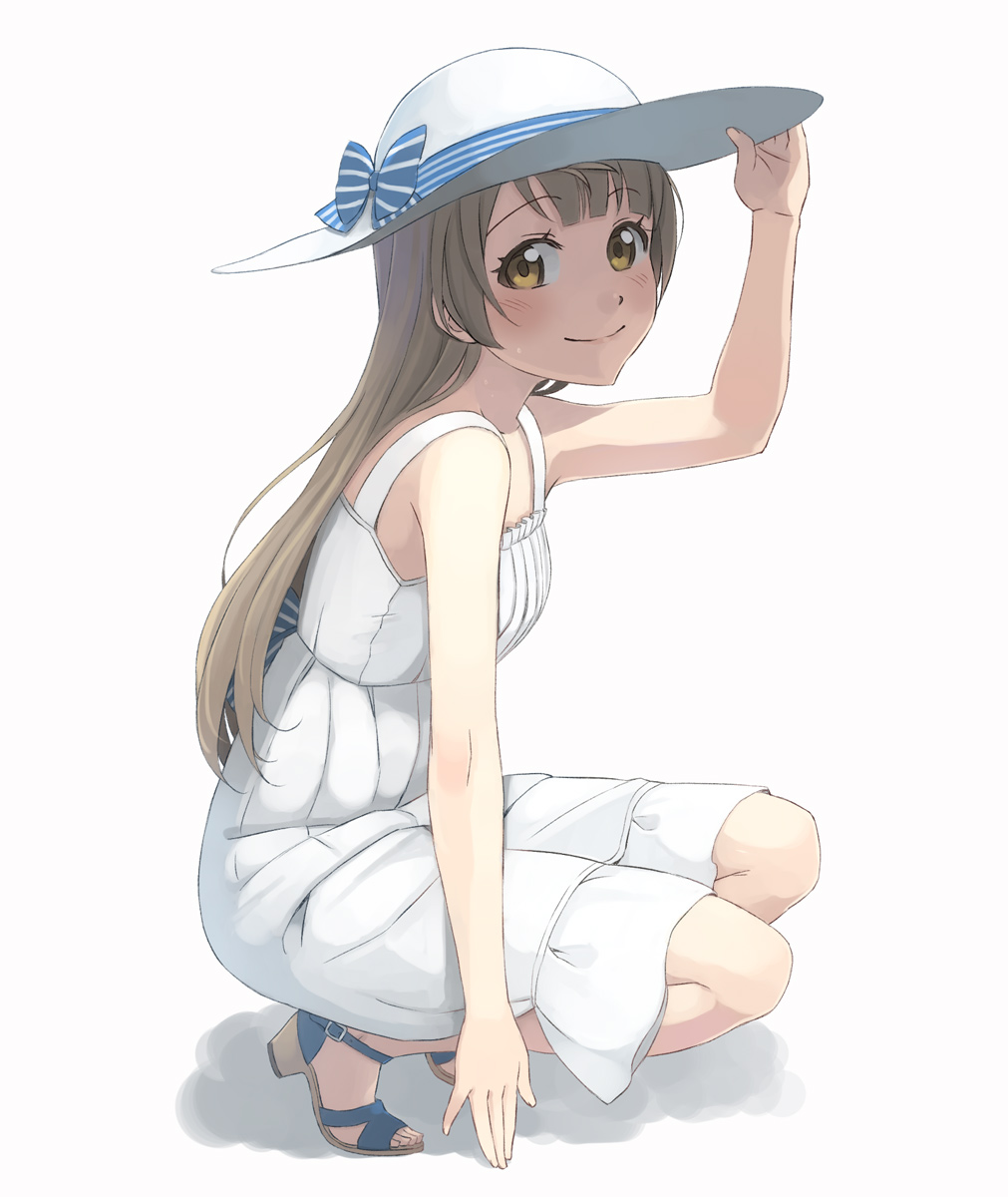 1girl, blush, brown_hair, dress, getsumen, hat, highres, long_hair