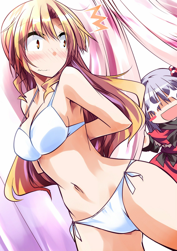 2girls, bikini, blonde_hair, blush, dressing, hair_bobbles, hair_ornament, hemogurobin_a1c