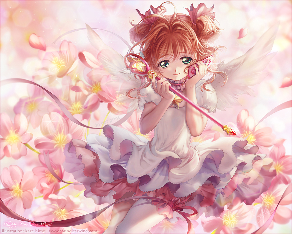 1girl, brown_hair, card, cardcaptor_sakura, dress, green_eyes, hoshi_no_tsue, kaze-hime