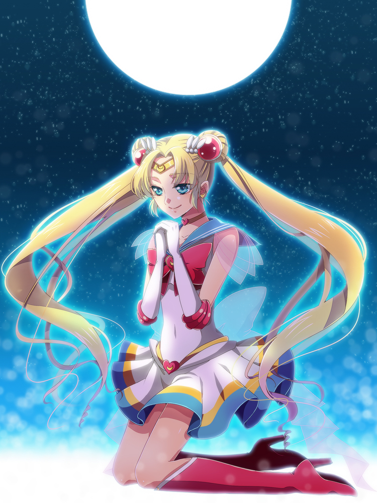 1girl, bangs, belt, bishoujo_senshi_sailor_moon, blonde_hair, boots, choker, circlet, elbow_gloves, full_body, gloves, hair_ornament, hairclip, heart, high_heels, knee_boots, kneeling, kuko_(endless-repeat), long_hair, moon, moonlight, parted_bangs, praying, red_boots, sailor_moon, skirt, smile, solo, super_sailor_moon, tsukino_usagi, twintails, white_gloves