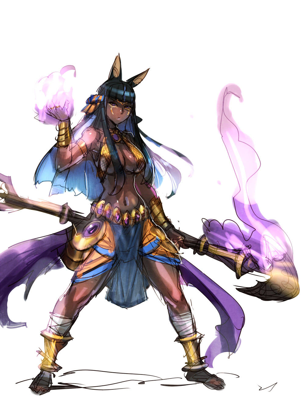 1girl, anubis_(p&amp;d), bow_(bhp), bracelet, breasts, dark_skin, female, genderswap