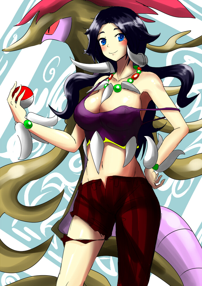 1girl, asymmetrical_clothes, black_hair, blue_eyes, breasts, cleavage, dracaena_(pokemon), dragalge
