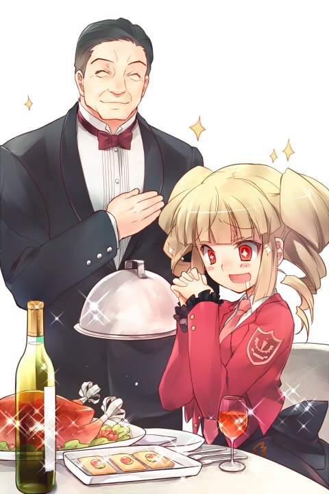 +_+, 1boy, 1girl, ^_^, alcohol, beelzebub, black_hair, blonde_hair