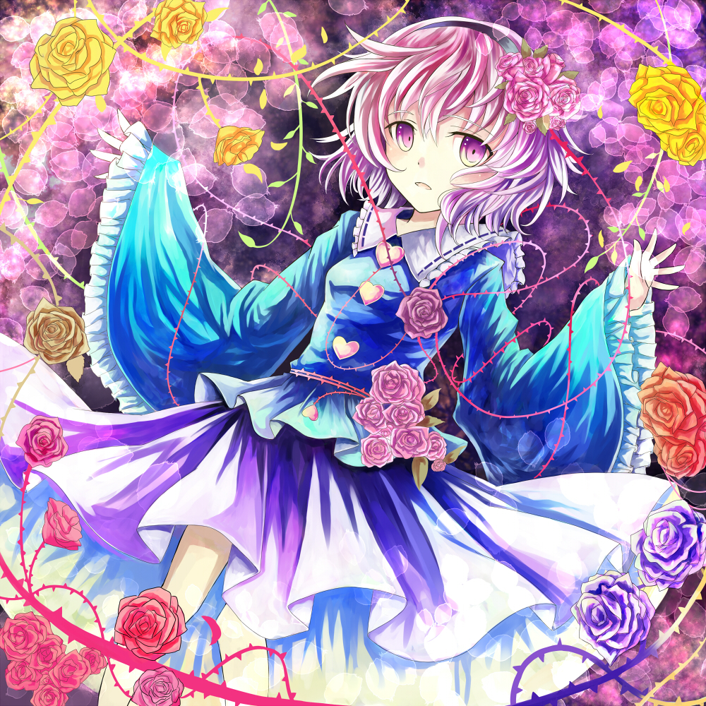 1girl, arms_up, blouse, contrapposto, dutch_angle, flower, hair_flower, hair_ornament