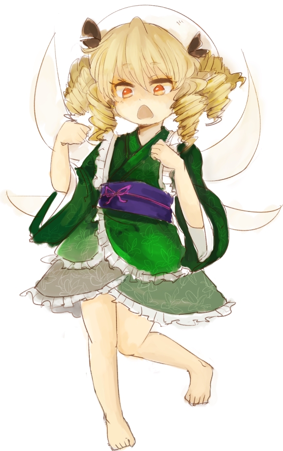 blonde_hair, chestnut_mouth, drill_hair, luna_child, touhou, wakasagihime_(cosplay), wataichi_meko, wings