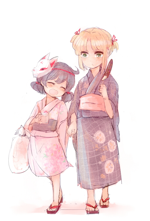 alternate_costume, banana, banana_popsicle, blonde_hair, food, fox_mask, fruit, geta, hair_ribbon, japanese_clothes, mask, moriya_suwako, no_hat, open_mouth, purple_hair, ribbon, short_hair, smile, touhou, wataichi_meko, yasaka_kanako, yellow_eyes, younger