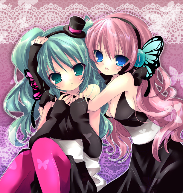 aqua_eyes, aqua_hair, blue_eyes, breasts, butterfly_hair_ornament, butterfly_wings, cleavage, dress, fingerless_gloves, gloves, hair_ornament, hat, hatsune_miku, headphones, headset, hug, kosuzume, long_hair, magnet_(vocaloid), megurine_luka, mini_top_hat, multiple_girls, pantyhose, pink_hair, pink_legwear, top_hat, vocaloid, wings, yuri