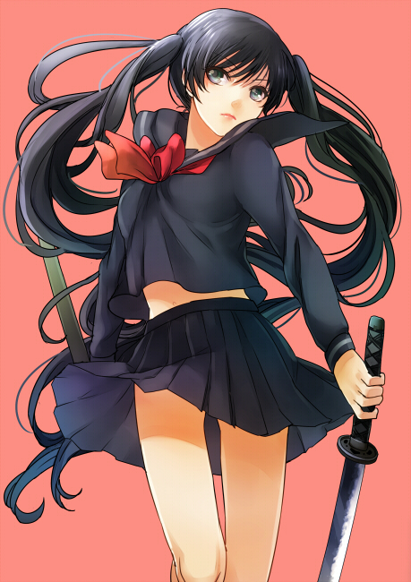 black_eyes, black_hair, kanameyura, katana, original, school_uniform, sword, twintails