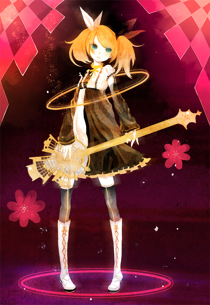 aqua_eyes, bass_guitar, blonde_hair, boots, colxy, cross-laced_footwear, detached_sleeves, flower