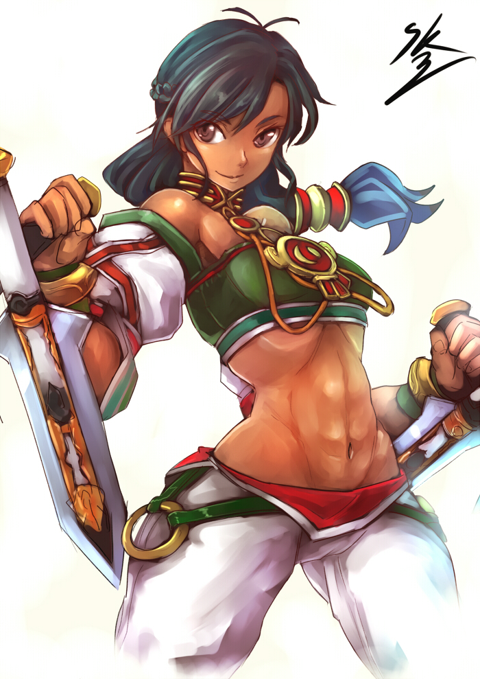 abs, bare_shoulders, black_hair, brown_eyes, dark_skin, detached_sleeves, midriff, navel