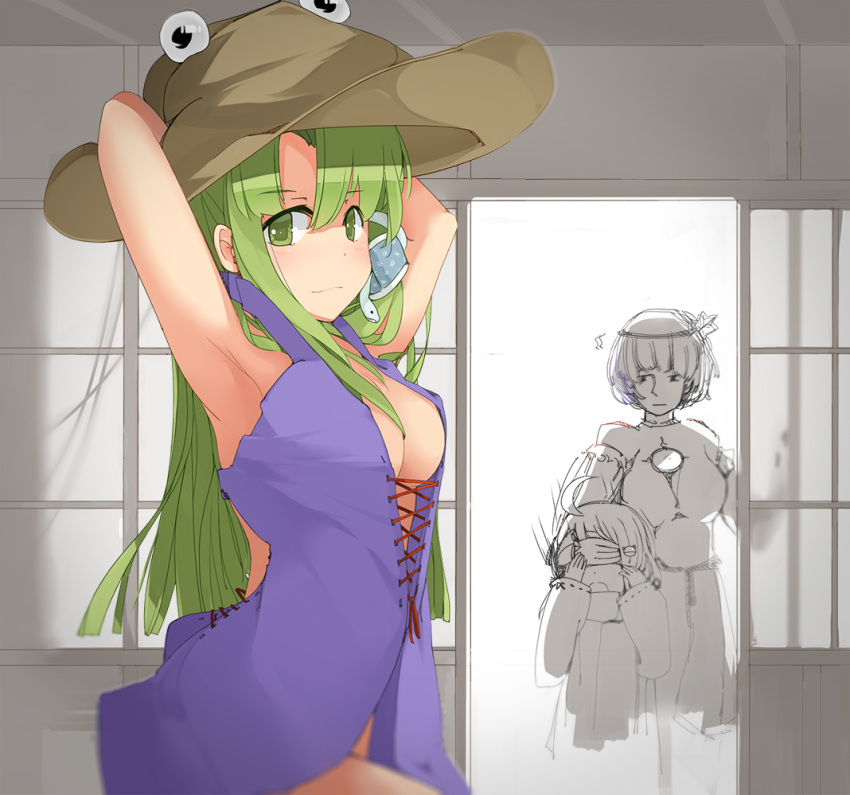 3girls, arm_up, arms_up, breasts, cosplay, covering_eyes, dress, frog_hair_ornament