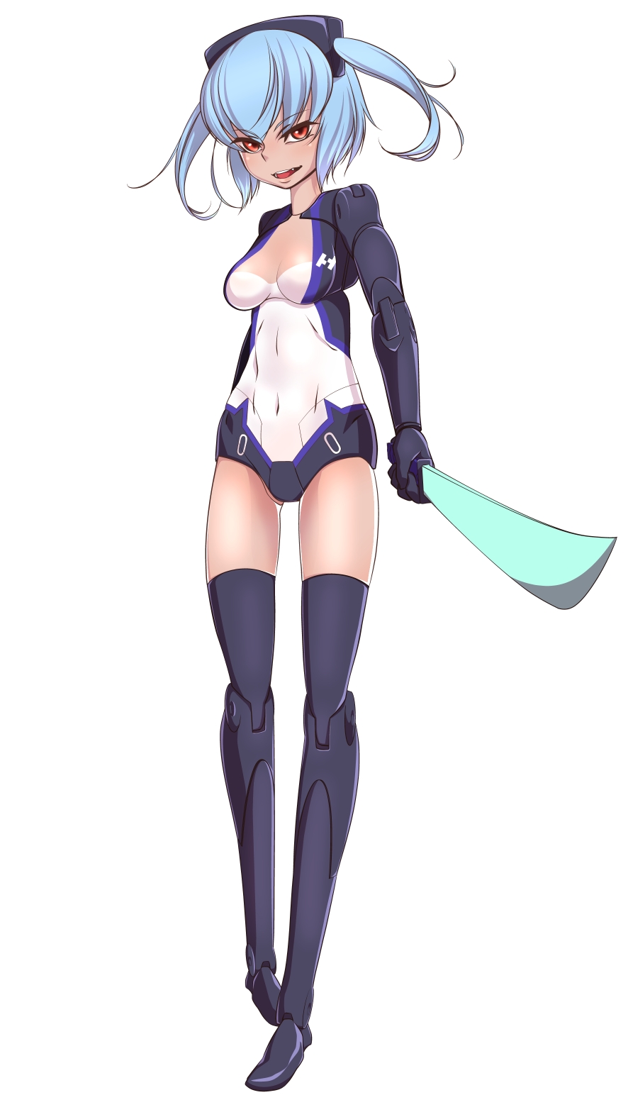blue_hair, breasts, busou_shinki, cleavage, doll_joints, fang, headgear, highres