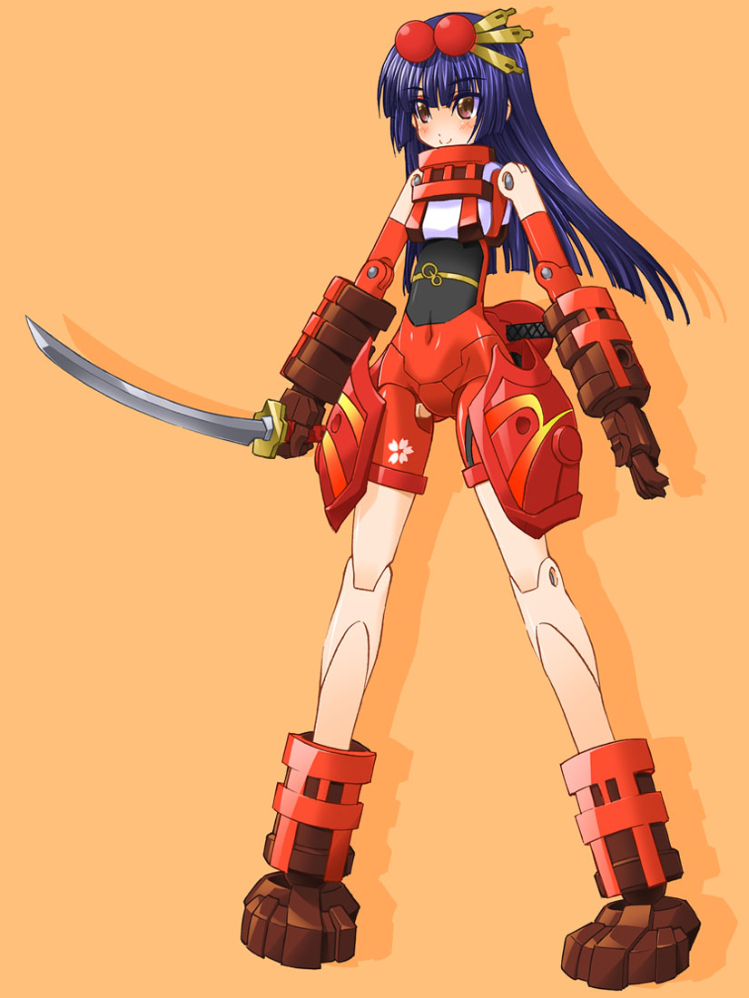 boots, brown_eyes, busou_shinki, doll_joints, gauntlets, hair_ornament, hime_cut, kageyama_shinobi