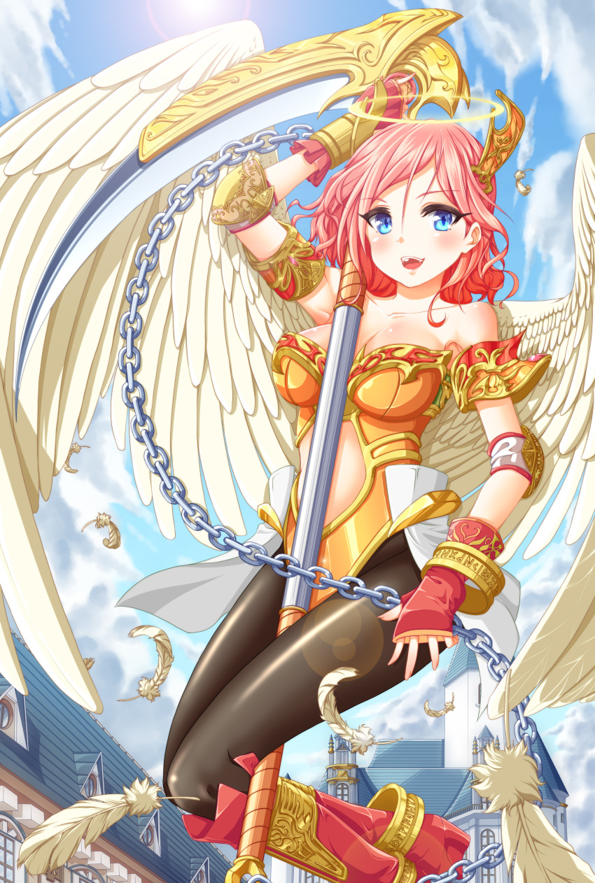 1girl, absurdres, angel, blue_eyes, breasts, chain, cleavage, da-mii, feathers, highres, large_breasts, original, pink_hair, scythe, sky, smile, solo, wings