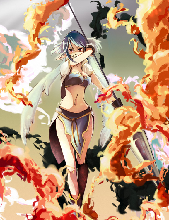 blue_hair, gloves, judith, lance, lepta, midriff, pointy_ears, polearm