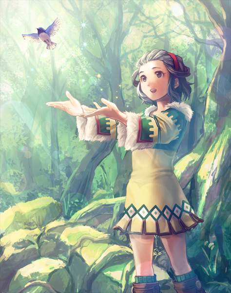 1girl, bird, boots, brown_eyes, brown_hair, chickenb, gensou_suikoden, gensou_suikoden_iii, hairband, knee_boots, nature, short_hair, skirt, smile, solo, tree, tribal, yun_(suikoden)